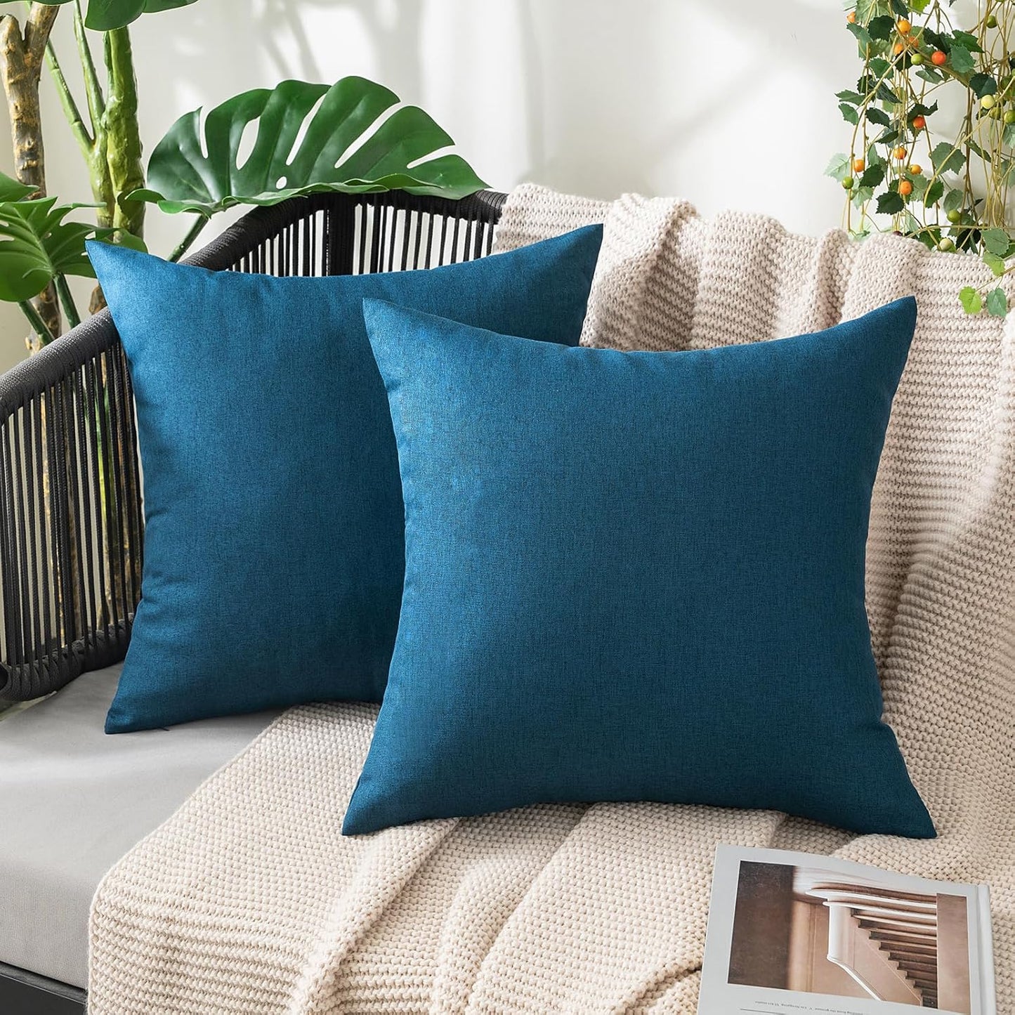 MIULEE Decorative Outdoor Throw Pillow Covers - Waterproof Faux Linen Cushion Cases | 20x20 Inch Blue, Set of 2