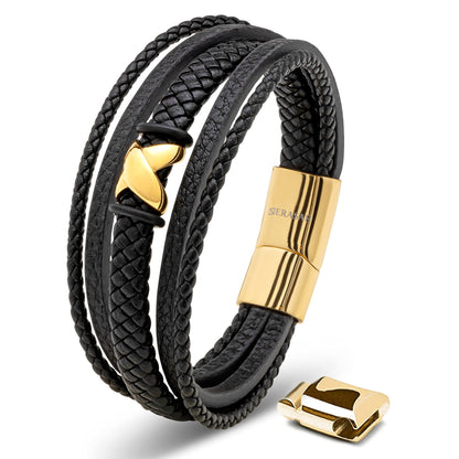 SERASAR Mens Bracelets 20cm Gold Gift Box Genuine Leather Cowhide Braided Adjust Able Magnetic Clasp Multi Layer Wrap Jewellery Rope Man Mans Male Band Jewelry Accessories
