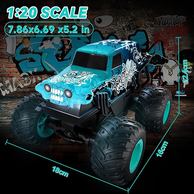 2.4Ghz Remote Control Monster Trucks for Boys Age 4-7Zombie Monster Truck Toys with Stunt 360°Spin &amp Drift 1:20 Scale Remote Control Car with Light &amp Sounds Gift for 3 5 6 8 Year Old Boys&