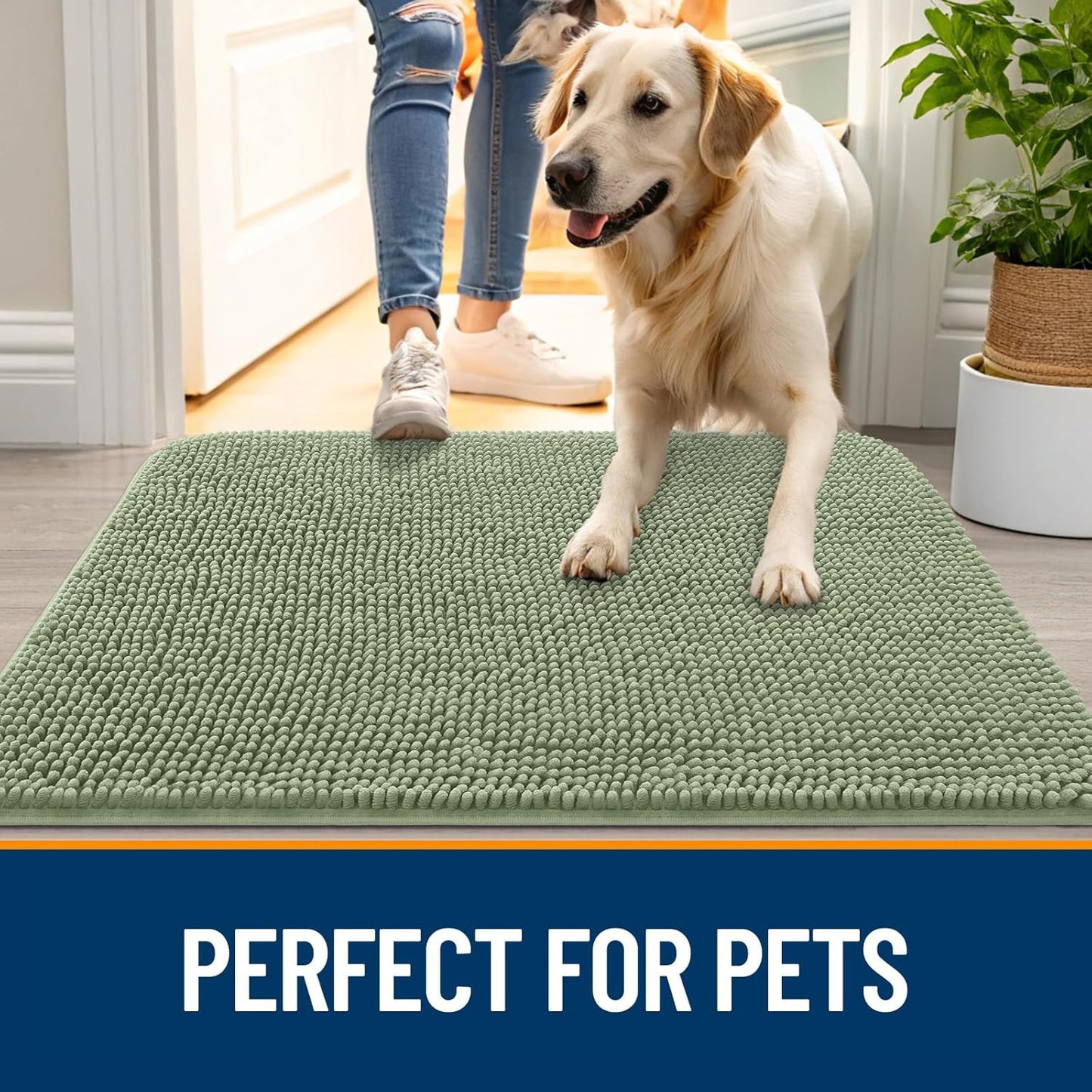 OLANLY Dog Door Mat - Absorbent Non-Slip Chenille for Muddy Paws | 59x24 Inches, Sage Green