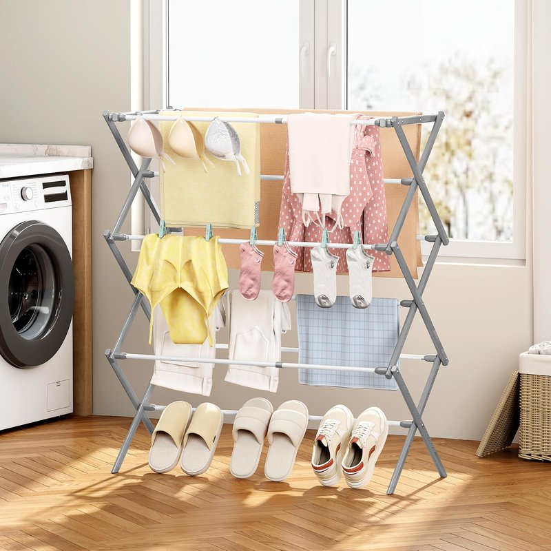 KINGBOARD Clothes Drying Rack, Collapsible Drying Rack Clothing with 11 Poles, 3-Tier Laundry Drying Rack, Small Clothes Drying Rack Foldable for Baby Clothes, 25lb Capacity, White & Grey