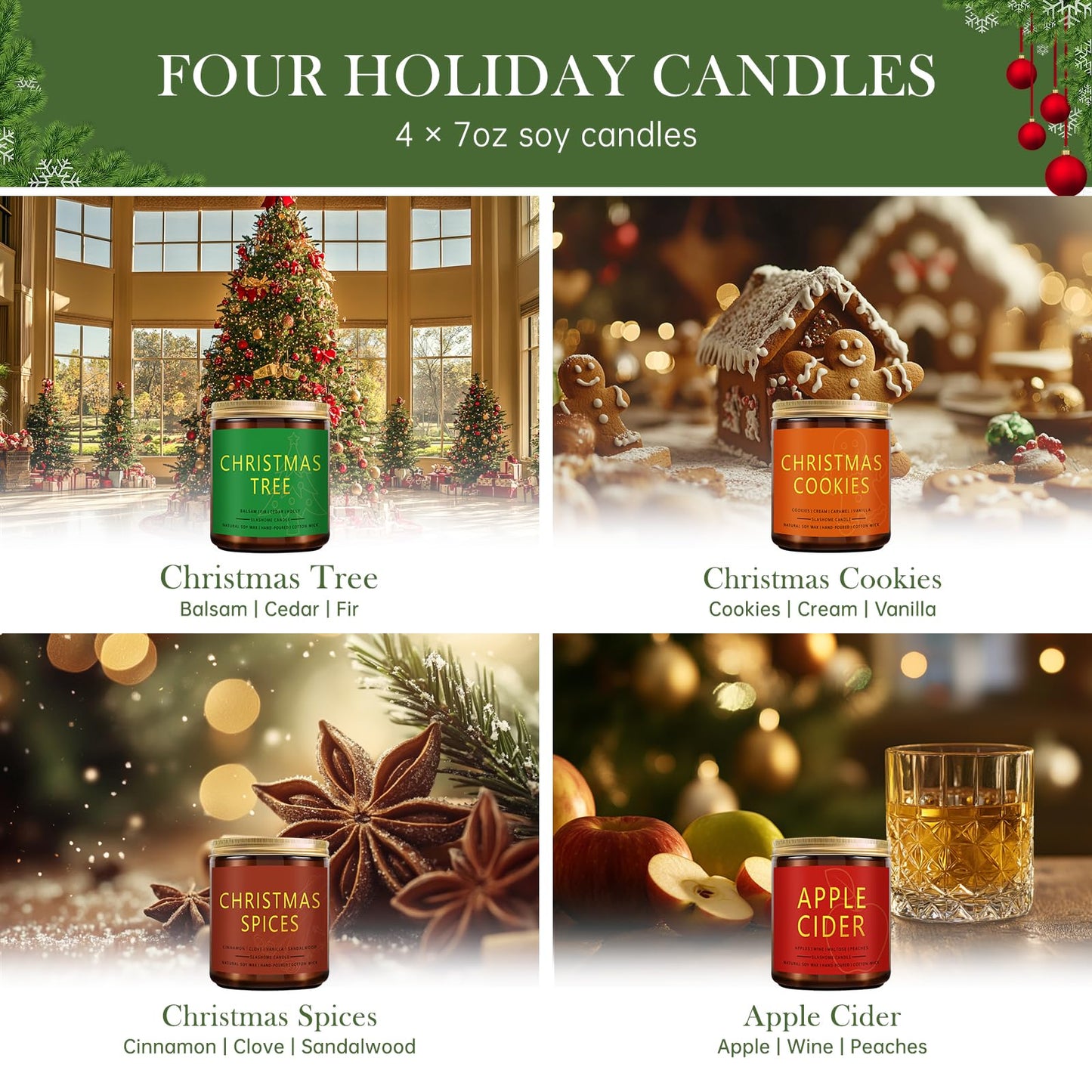 Christmas Candle Gift Set, 4 Pack 7 oz Soy Scented Candles for Home, Holiday & Birthday Gift for Women & Men, Includes Christmas Tree, Cookies, Spices & Apple Cider, Winter Holiday Home Decor