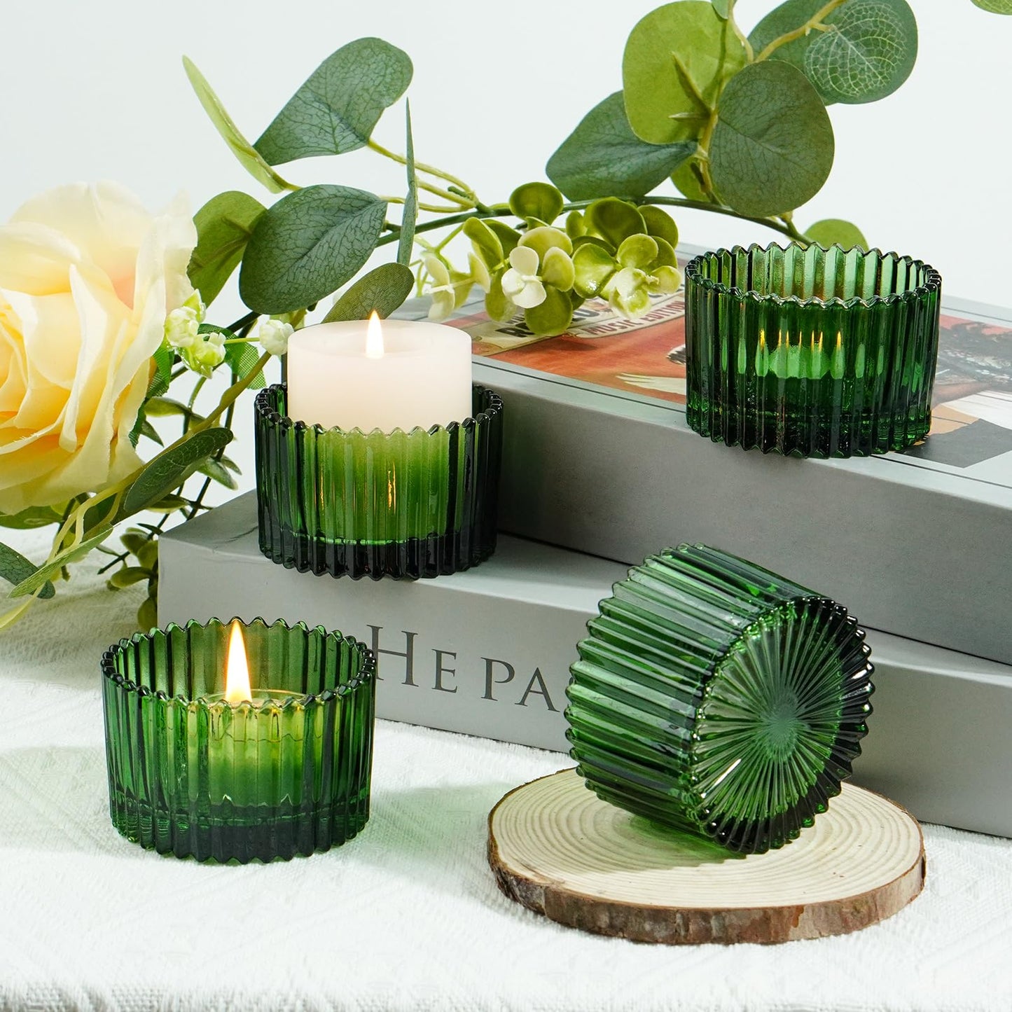 Jollyhilan 6 Pack Glass Candle Holder,Round Glass Candle Tray Ribbed Tealight Holders for Votives, Floating Candles Table Centerpieces Wedding Home Decor,Green