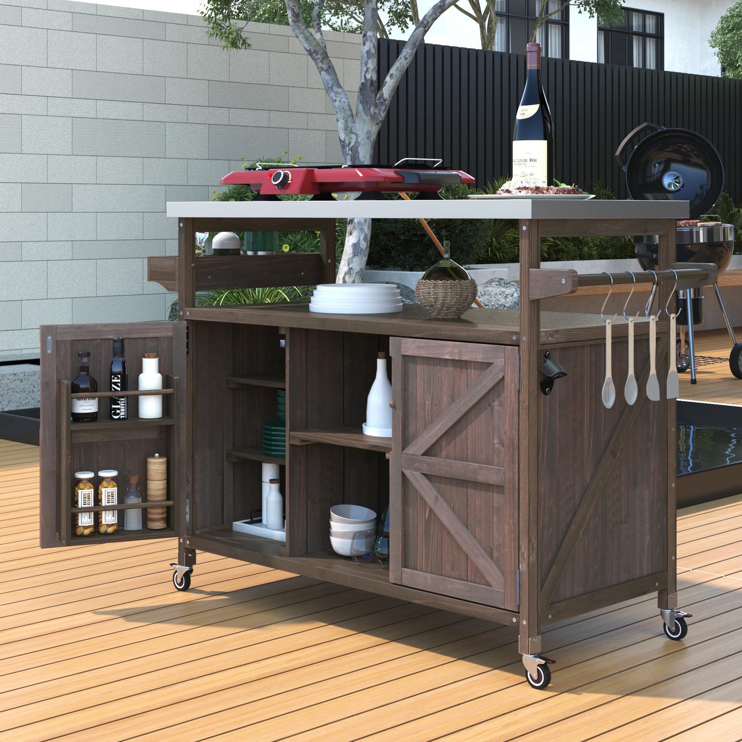 Trygoal Outdoor Grill Cart with Storage, Rolling Bar Cart and Lockable Wheels, Farmhouse Solid Wood Outdoor Grill Table with Stainless Steel Top, Spice Rack, Towel Rack for Kitchen and BBQ, Dark Brown