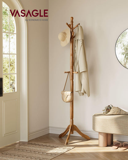 VASAGLE Solid Wood Coat Rack and Stand, Free Standing Hall Coat Tree with 10 Hooks for Hats, Bags, Purses, for Entryway, Hallway, Rubberwood, Caramel Brown URCR03WN