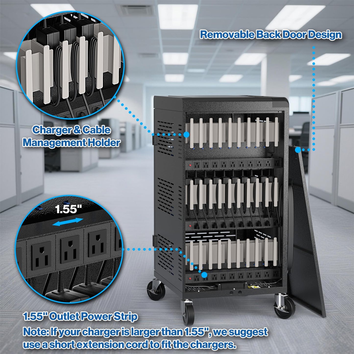 Fully Assembled 30 Unit Device Charging Station for Chromebook, iPad, 14'' Laptop - Pre Built Charging Cart with Charger Cable Management, Circuit Breaker, Grounding Protection (Black)