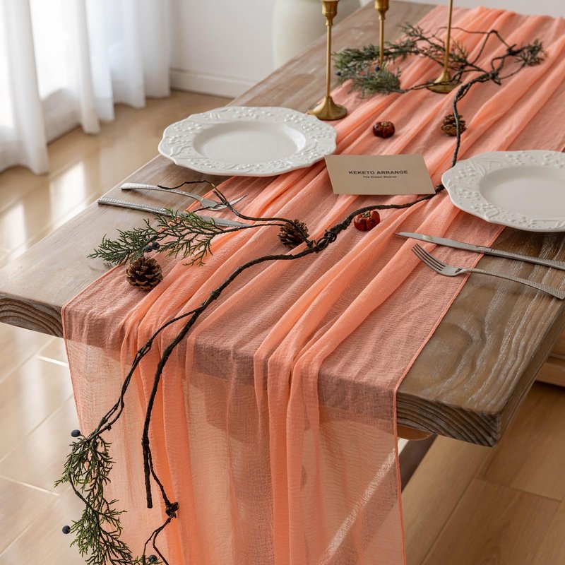 Keketoarrange Fresh Salmon Spring Cheesecloth Table Runner Mothers Day Decor Peach Echo Gauze 120 Inch 10 FT Boho Table Runner for Wedding Baby Shower Bridal Shower Party Sheer Summer Home Decorations