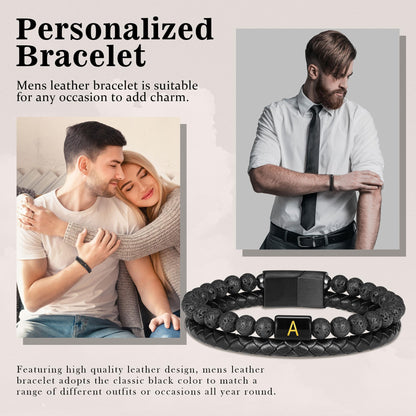 Leather Bracelets for Men - Mens Bracelet with Initial Lava Rock Bead Magnetic Clasp Black Mens Leather Bracelets for Men Gifts Black Initial R Bracelet for Men's Jewelry Men's Gifts for Dad Husband