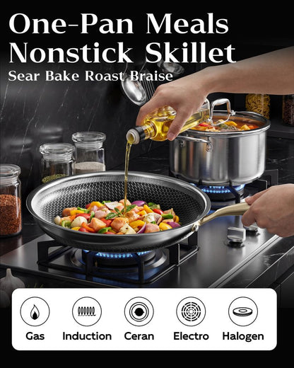 XBM Nonstick Frying Pan with Lid 12-Inch, Durable Stainless Steel Skillet, Induction Cooktop Compatible, PFOA-Free Scratch-Proof, Dishwasher & Oven Safe, Stay-Cool Handle, Silver Kitchen Cookware