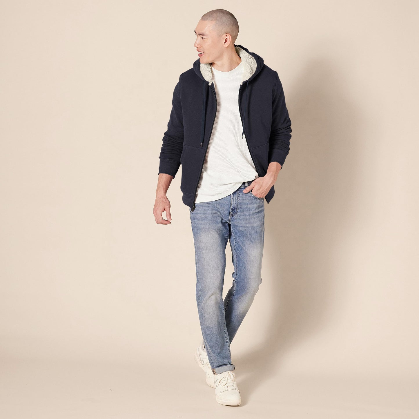 Amazon Essentials Hoodie For Men, Sherpa-Lined Full-Zip Fleece Sweatshirt, Small, Navy