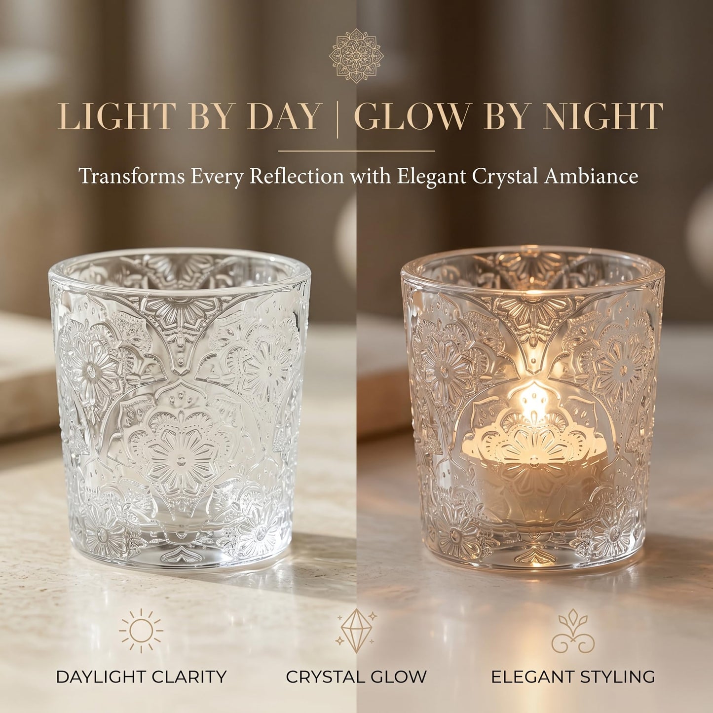 6 Pack Mandala Embossed Glass Candle Holders – Votive Tealight Holders with Patent Design, Decorative Embossed Glass Cups for Wedding Centerpieces, Parties, and Home Décor (Crystal Clear)