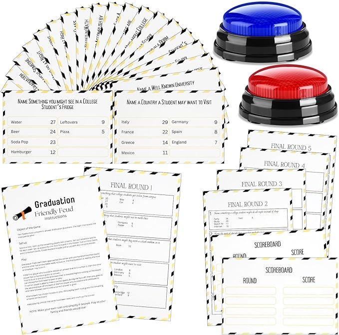 Graduation Friendly Feud Game with 2 Answer Buzzers Grad Feud Cards for Family Game Night Fun Trivia Quiz for Class Party Groups Clubs Team Building
