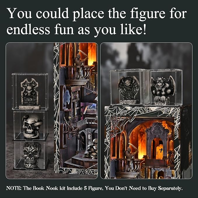 Book Nook Kit with LED Light DIY Miniature Dollhouse Booknook Kit Creepy Scary 3D Wooden Puzzle Bookshelf Insert Decor for Stress Relief Craft for Book Lovers &amp Adult (Haunting Relics)