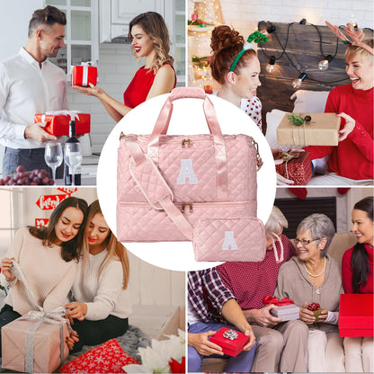Personalized Initial Travel Bag, Quilted Duffle Bag, Weekender Bag for Women with Cosmetic Bag, Gym Bag with Shoe Compartment, Carry on Overnight Bag, Hospital Bag for Labor Delivery (Pink, A)