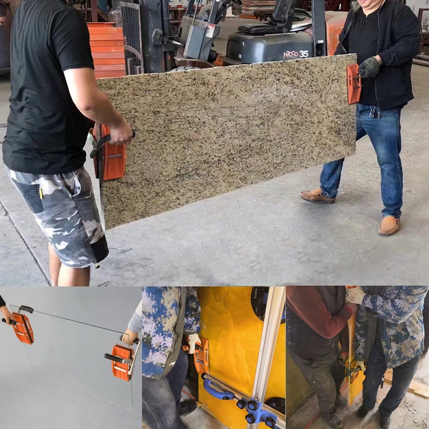 SDRTOP 2 PACK Double Handed Stone Carrying Clamps with Black Rubber-lined, Granite Panel Carriers Lifting Tools, 660lbs Transporting Heavy Duty Carry Clamp for Glass Quartz Slabs Marble