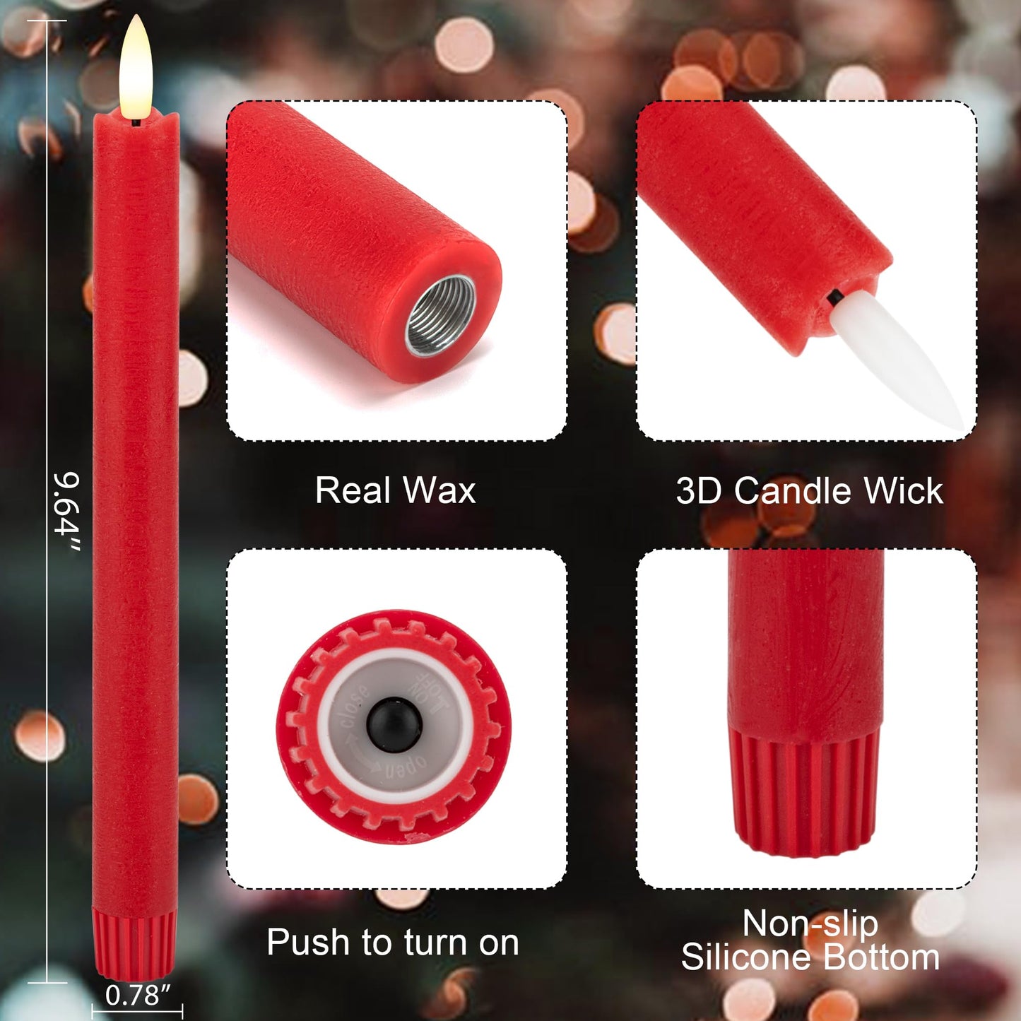AFINETH Red Flameless Taper Candles with Rmote, 9.6" Real Wax Battery Operated Candles with 3D Wick, 6 Pack Flickering Led Candlesticks, Electric Candle for Home, Wedding, Party, Decor