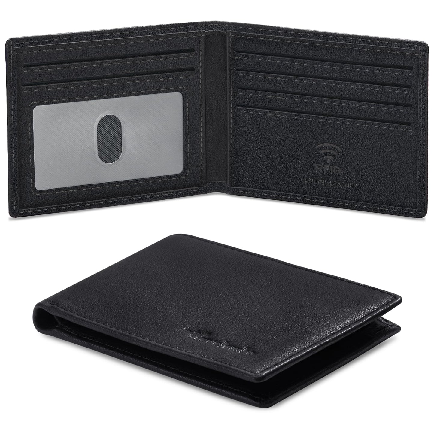 Real Leather Mens Bifold Wallet RFID Blocking Slim Minimalist Front Pocket - Thin & Stylish with ID Window in Gift Box (Nappa, Black)