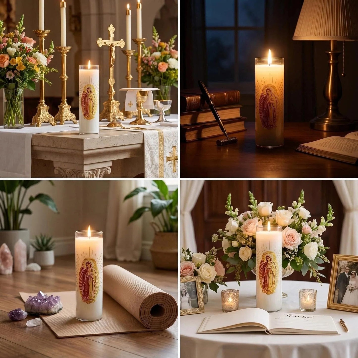 Virgen de Guadalupe Glass Beeswax Pillar Candle, 80-Hour Long Burning Smokeless Dripless Emergency Candle for Church, Prayer & Meditation, Christian Gifts for Women (Yellow, White)