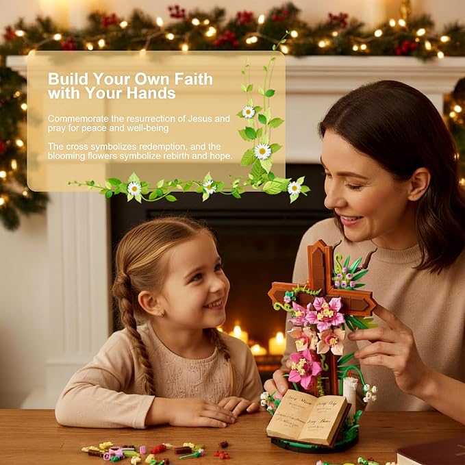 Jesus Cross Flower Building Set for Adults Decorative Cross Building Blocks Great Easter Christmas Christian Birthday Gifts for Mothers Women Adults (363 PCS)