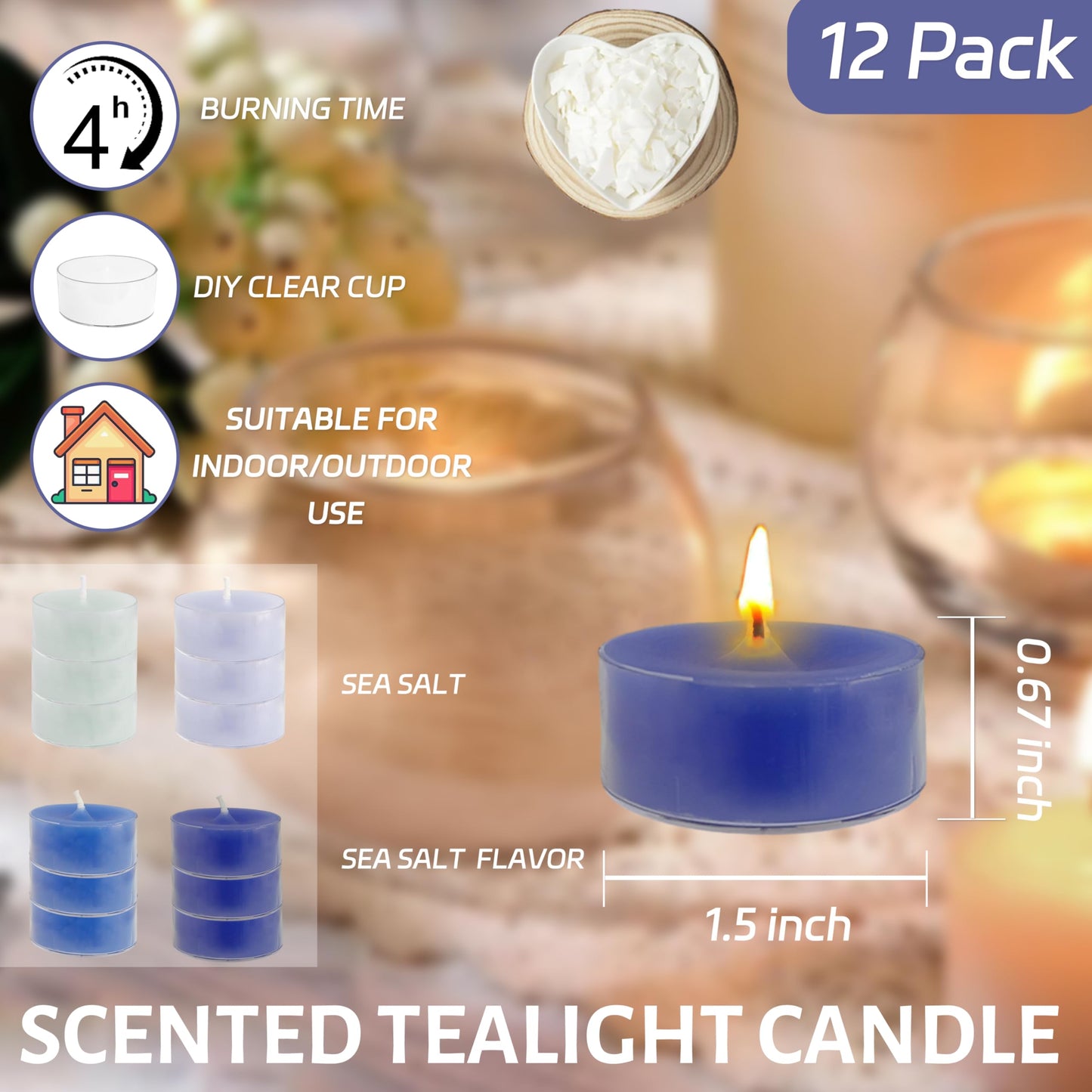 Sea Salt Scented Tea Light Candles 12 Pack Gradient Blue Hand Poured Smokeless 4 Hours Clean Burning Small Round Clear Cup Tealight Candles for Nautical Dinner Wedding Spa Yoga Meditation Cozy Evening