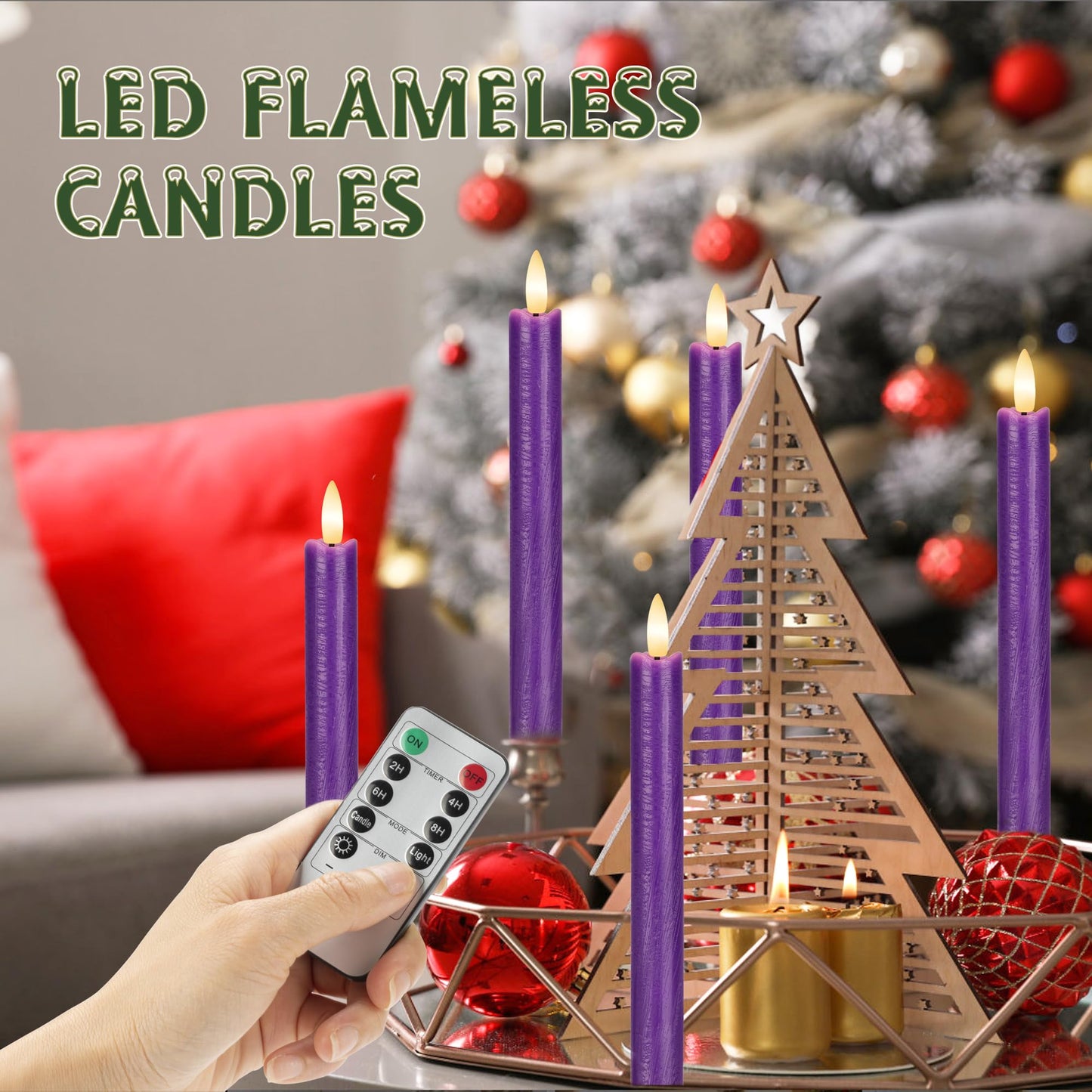 AFINETH Purple Flameless Taper Candles with Remote, 6 Pack Real Wax Battery Operated Candles, 9.6 Inch Flickering Led Christmas Candlesticks Decorations for Winter Home Holiday Xmas Gift