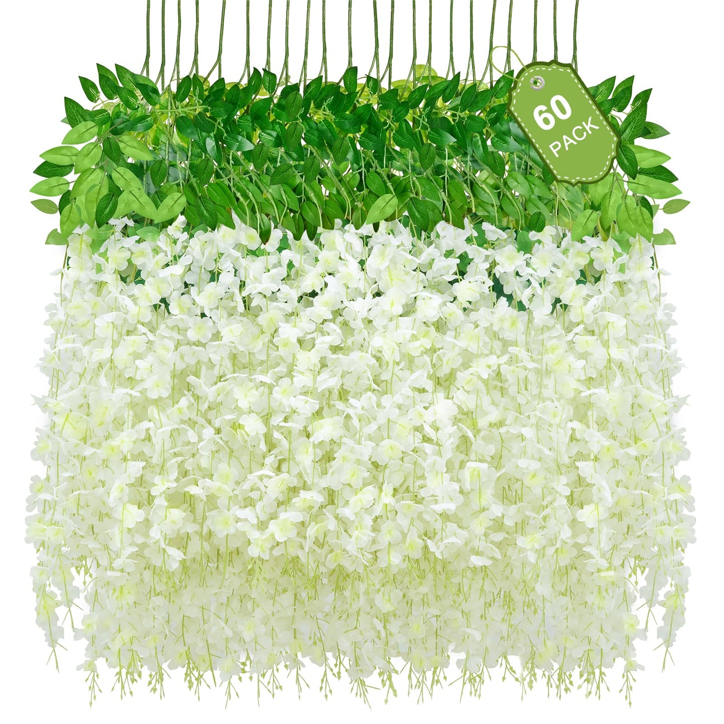 60 Pack White Wisteria Hanging Flowers, Fake Hanging Flowers for Decoration, Artificial Hanging Flowers, Vines for Bedroom, Flower Garland for Home, Party, Garden, Wall, Wedding Decoration(3.6 Ft/Pcs)