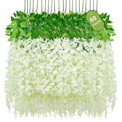 60 Pack White Wisteria Hanging Flowers, Fake Hanging Flowers for Decoration, Artificial Hanging Flowers, Vines for Bedroom, Flower Garland for Home, Party, Garden, Wall, Wedding Decoration(3.6 Ft/Pcs)