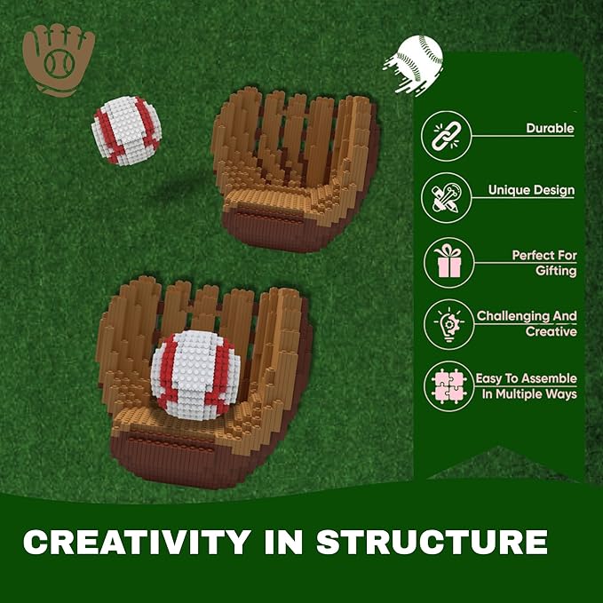 Baseball 3D Building Block Set - Ball and Gloves - Educational Toy - Perfect for Ages 14 15 16 Years and Above - Challenging Creative Fun and Skill-Building - 3D Instruction (1485 PCS)