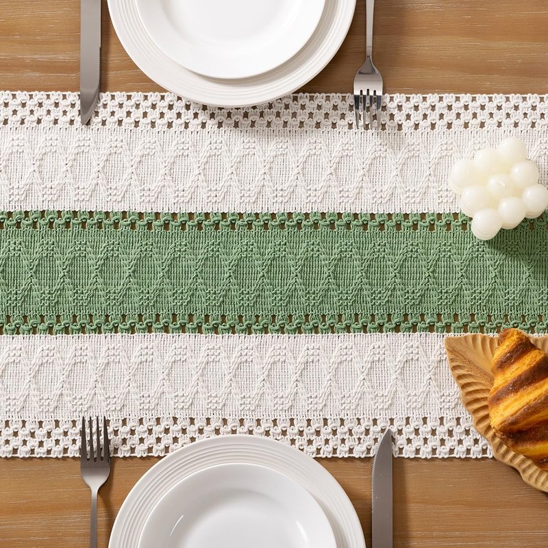 Socomi Boho Table Runner Summer Farmhouse Rustic Dining Kitchen Small Macrame Woven Cotton Linen Coffee Table Runner for Dresser Scarf Home Decor 12x36 inch Sage Green Ivory