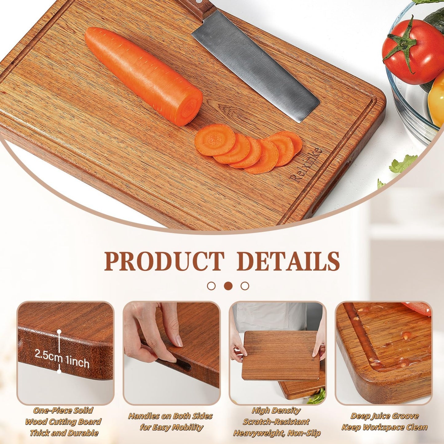 Relxinke Solid Teak Wood Cutting Board Set One Piece Non Glued Large Thick Crack Resistant Wooden Chopping Board with DeepJuice Grooves Built in Handles for Kitchen Meat Vegetable 18x12 IN &12X8 IN