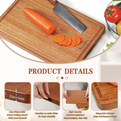 Relxinke Solid Teak Wood Cutting Board Set One Piece Non Glued Large Thick Crack Resistant Wooden Chopping Board with DeepJuice Grooves Built in Handles for Kitchen Meat Vegetable 18x12 IN &12X8 IN