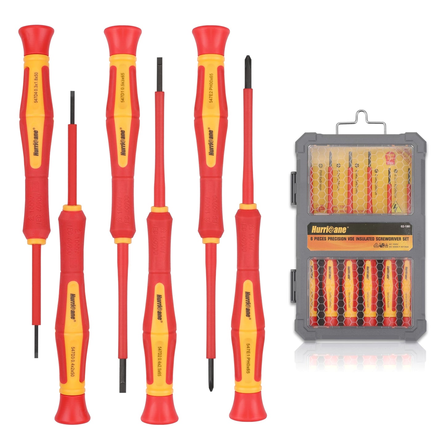 HURRICANE 1000V Precision Insulated Screwdriver Set, 6 Piece Insulated Electrician Screwdriver Set with Magnetic Tips for Electrical Repairs. Slotted(1.8mm, 2.0mm, 2.5mm, 3.0mm), Phillips(PH00, PH0)