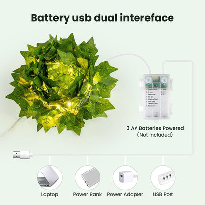 HEYFUNi Fake Ivy Vines with Lights, 23 Ft 73 Led Artificial Greenery Garland with Fairy Lights USB/Battery Operated, Leaf String Lights for Bedroom Aesthetic, Wall, Balcony, Wedding Decor, Warm White