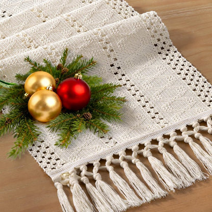 Socomi Boho Table Runner Summer Farmhouse Rustic Dining Kitchen Centerpiece Decor Small Macrame Woven Cotton Linen Coffee Table Runner for Dresser Scarf Home Decor 12x60 inch Beige