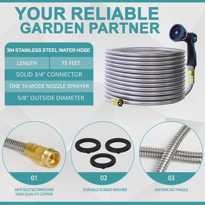 75FT Garden Hose, 304 Stainless Steel Water Hose, Flexible with a 10-Mode Nozzle Sprayer, No Kink, Lightweight, Puncture Proof, Ideal for Yard, Lawn, Outdoor, 5/8'' Outside Diameter