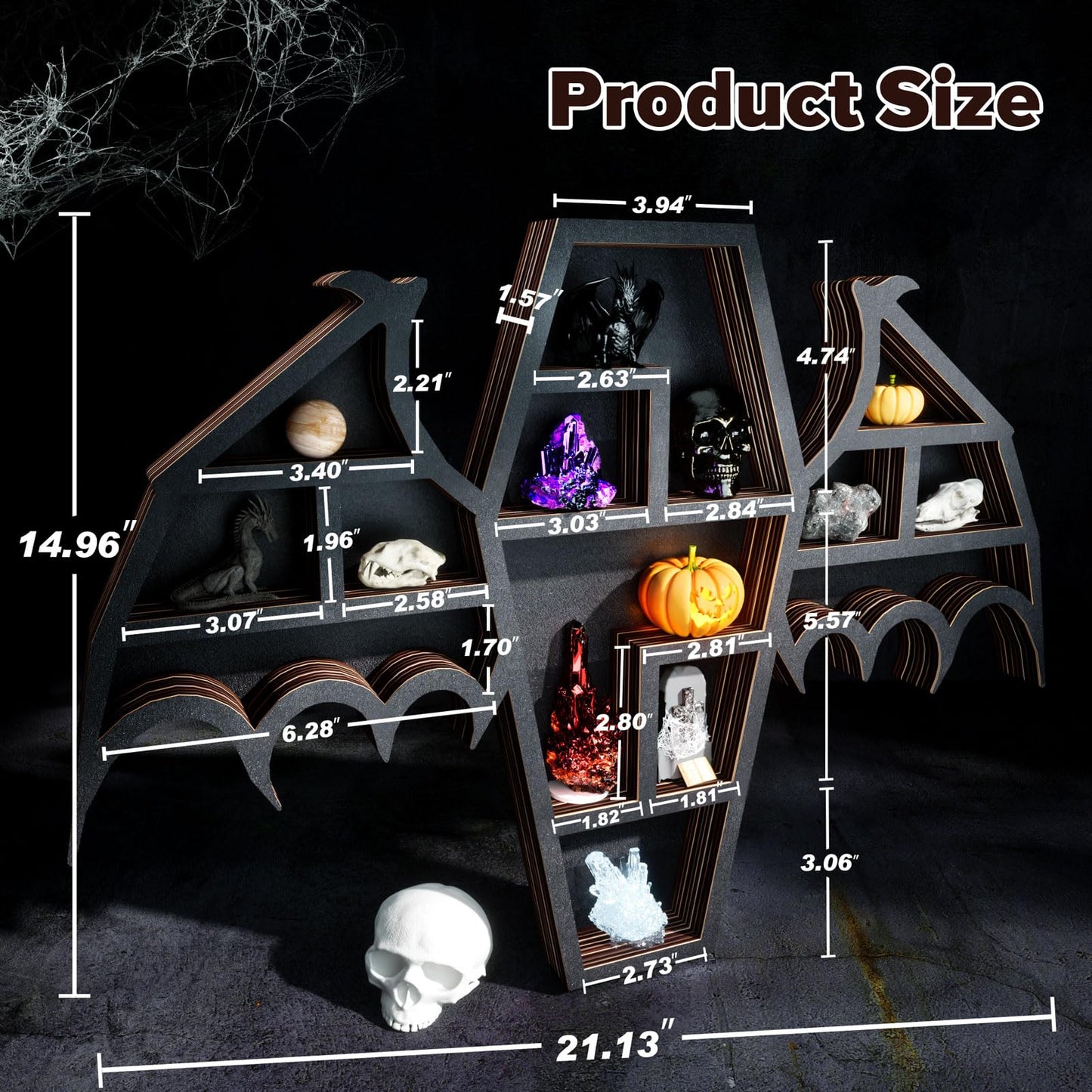 Qmetalart Coffin Shelf with Bat Wings, Wooden Gothic Decor for Display or Storage Rocks Mini Figures, Wall Hanging & Tabletop Crystal Display Shelf Gothic Home Decor