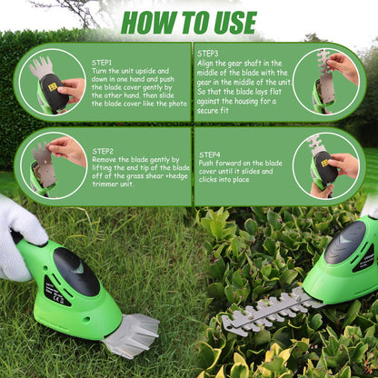 Lichamp 2-in-1 Electric Hand Held Grass Shear Hedge Trimmer Shrubbery Clipper Cordless Battery Powered Rechargeable for Garden and Lawn, CGS-3602 Grass Green