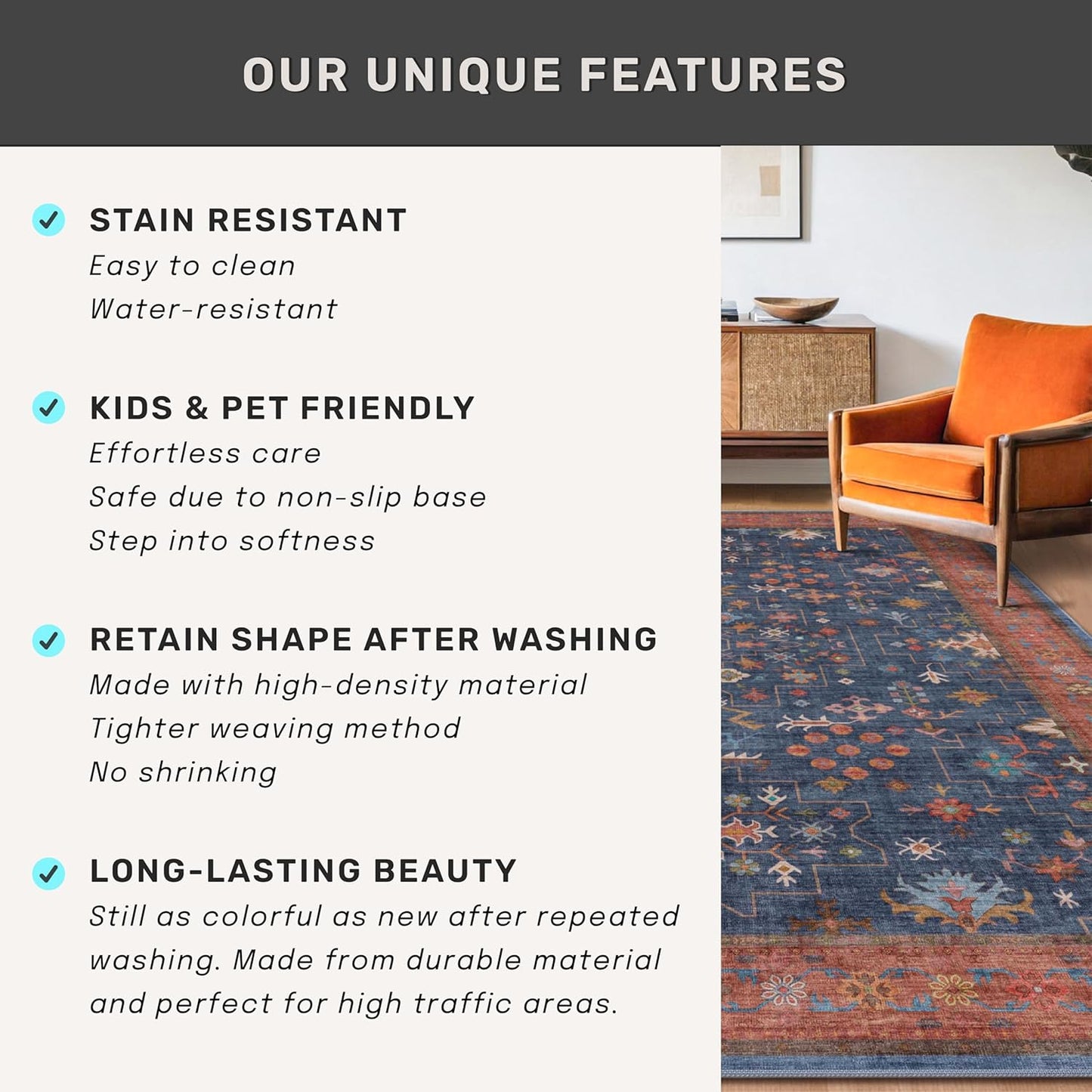 Skiennix Washable 8 Ft Long Kitchen Runner Rug - Navy Blue, Pet-Friendly, Waterproof & Non-Slip (2'6"x8')