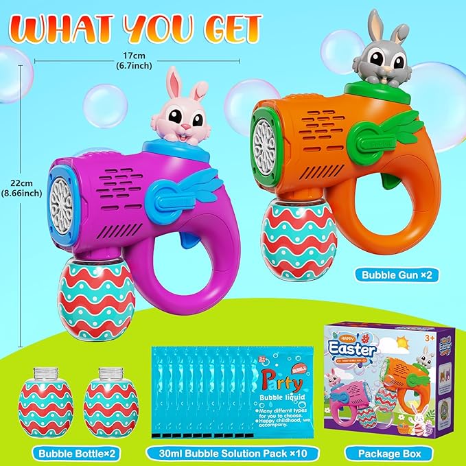 Bubble Guns for Toddlers2 Pack Rabbit Bubble MachineEaster Basket Stuffers for KidsBubble Blower with 10 Bubble SolutionsOutdoor Bubble Toy Easter Gift for Age 3 4 5 6 7 8 Years Old Boys Girls