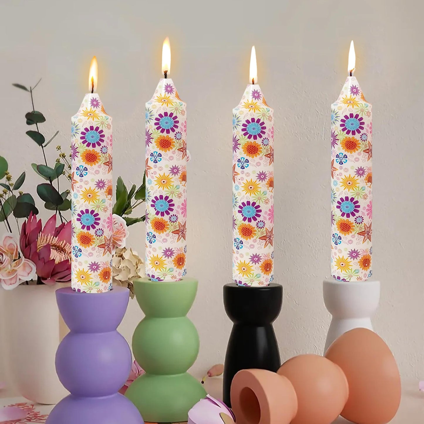 7 inch Short Candle Floral Candle Sticks Printed Candlestick Handmade Unscented Taper Candle 4 Pack Sunflower Tapered Candles for Home Dinner Wedding Holiday