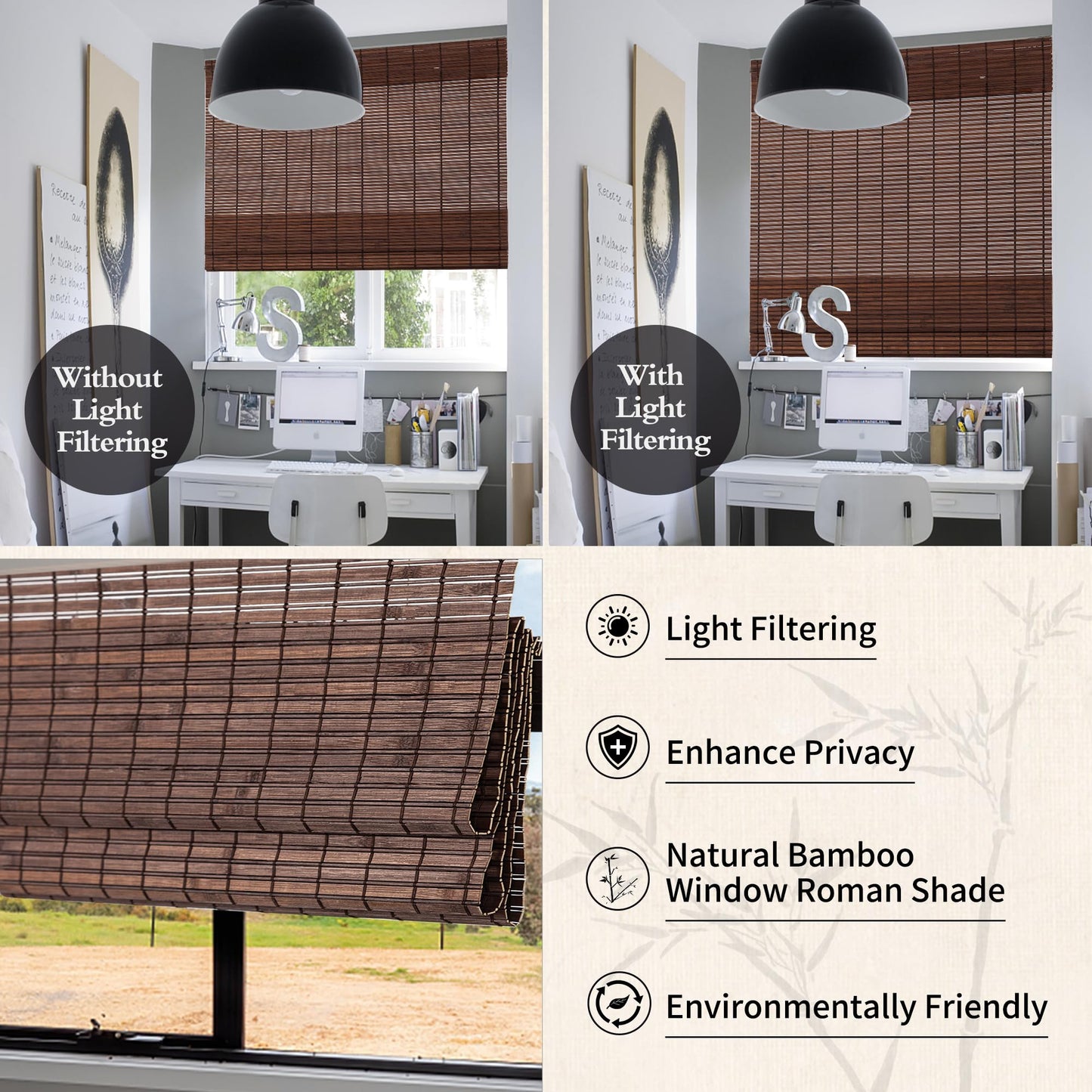 ALIMOO Cordless Bamboo Blinds Roman Shades Natural Weave Lift Up Bamboo Blinds for Indoor Outdoor Windows Home and Garden Patio Easy Installation 48W*72L