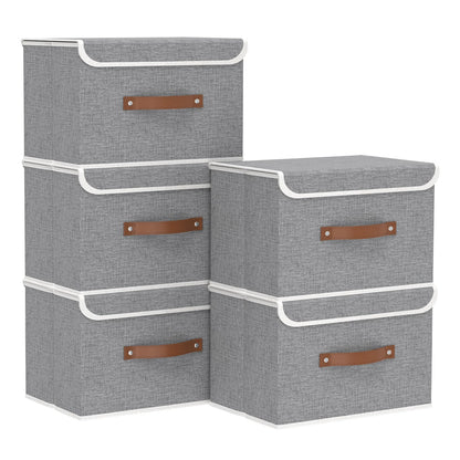 Yawinhe Collapsible Storage Bin, Cube Organizer Basket, Fabric Box with Lids, Washable and Leather Handle, for Home, Closet, Grey, 15.0''Lx9.8''Wx9.8''H, 5-Pack, USNK024GL-5