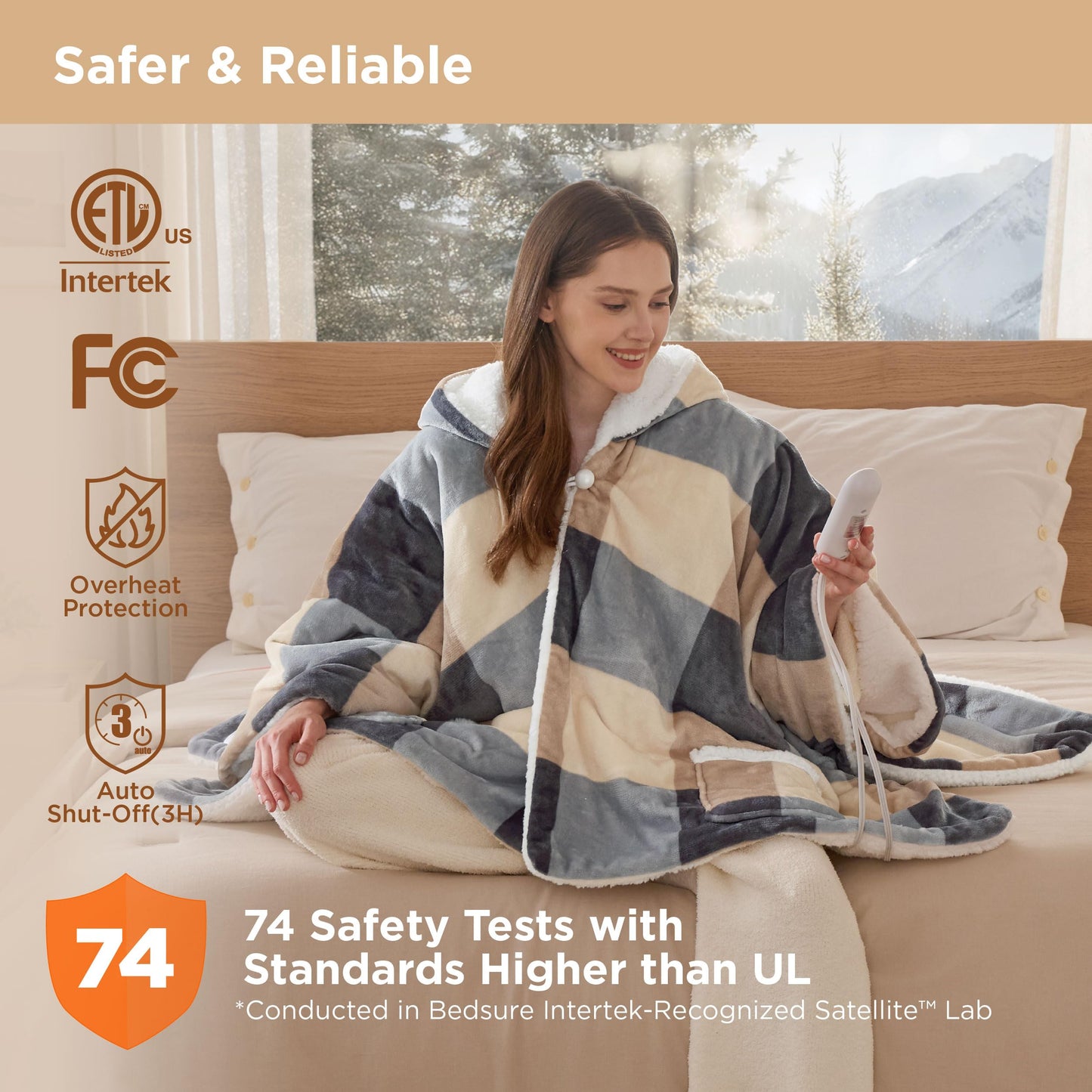 Bedsure Heated Blanket Wearable Shawl - Electric Wrap Poncho Blanket Hoodie for Adult, Birthday Gifts for Mom Women, Sherpa Heating Throw with 4 Time Settings & 6 Heat Settings, 55x64 inches, Grey
