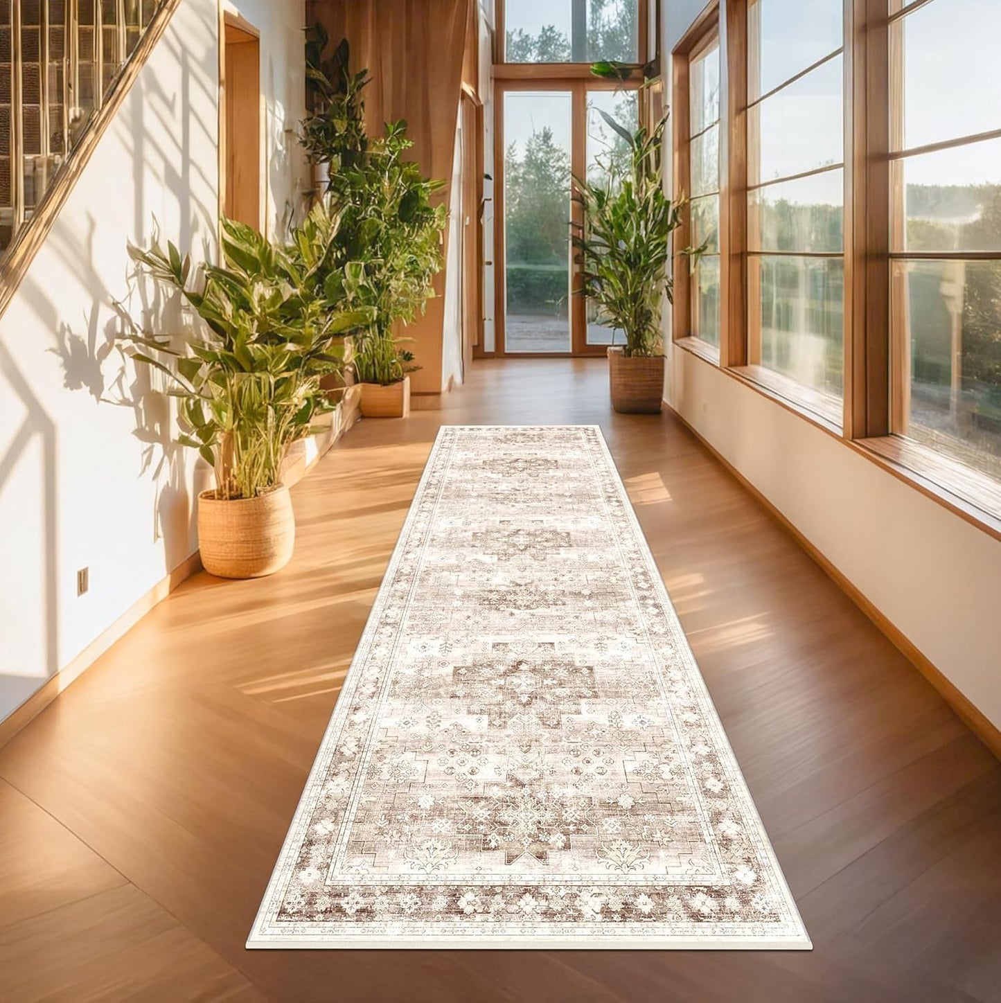 Regine Switzerland Beige Washable Runner Rug - Extra Long 2'6"x10' | Non-Slip, Stain Resistant, Boho Floral Decor