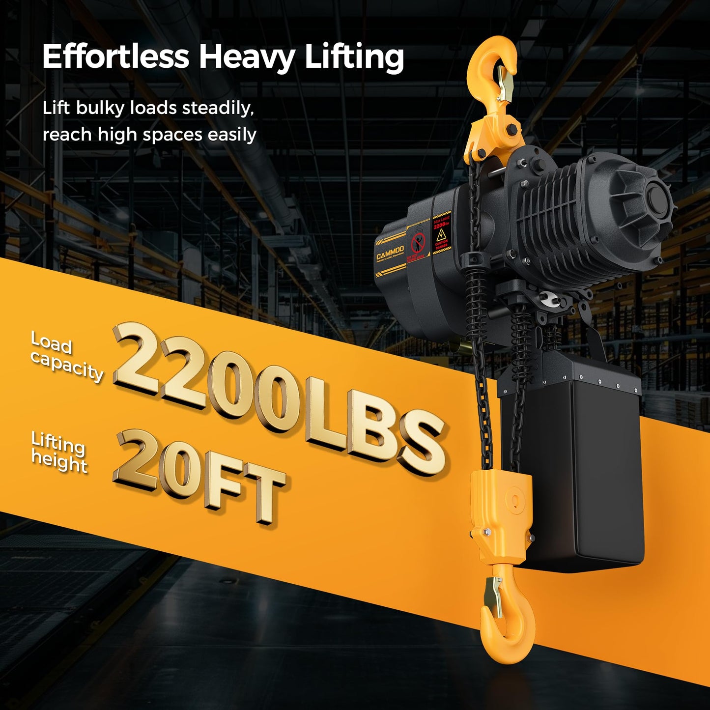 CAMMOO Electric Chain Hoist, 2200 lbs Load, 20 ft Lifting Height, Extended 492 ft Wireless & 20 ft Wired Remote Control, Brushless Copper Motor, DT Carburized Chain, IP65 for Warehouse, Construction
