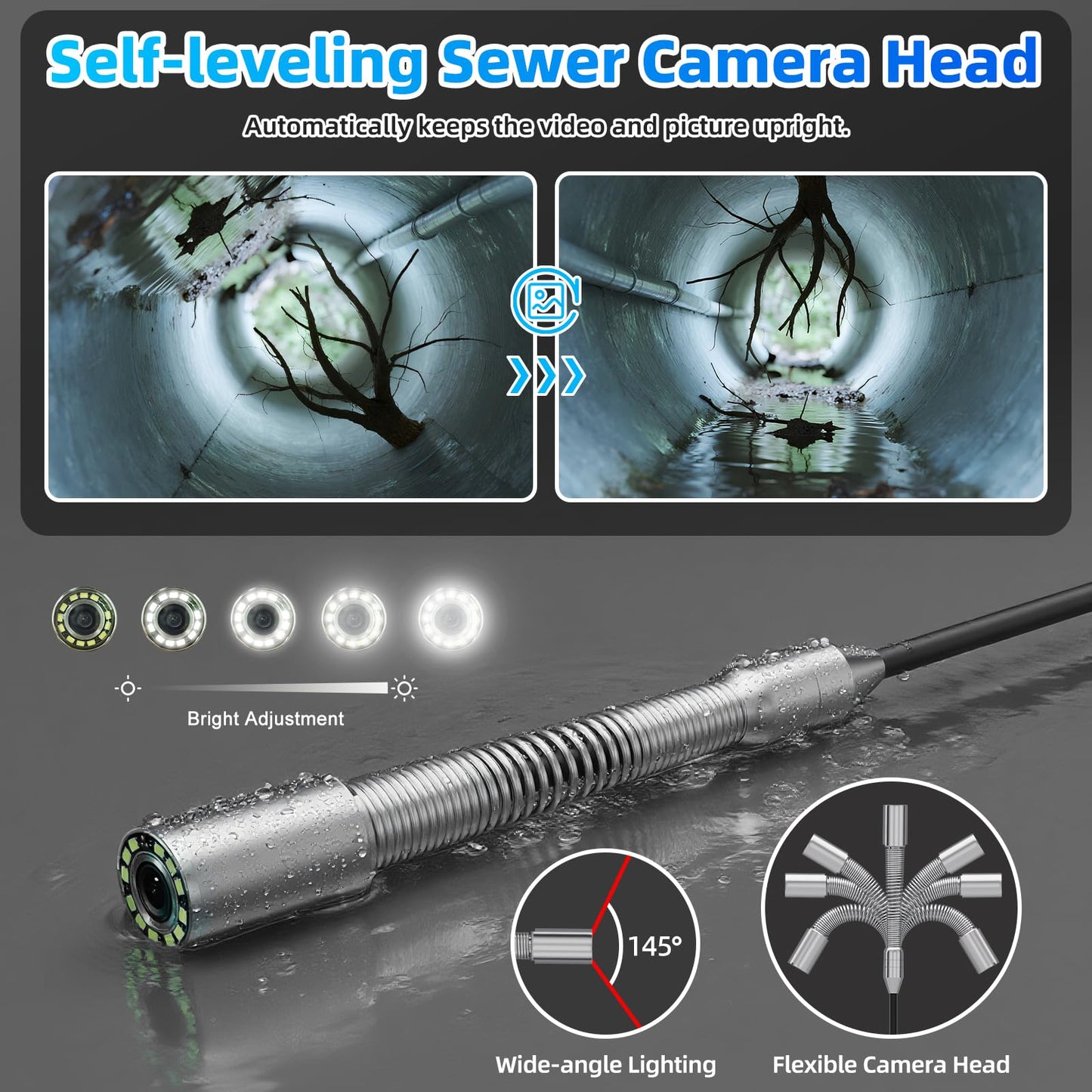 Sanyipace Sewer Camera 165FT/50M with 512Hz Transmitter,10" HD Screen,Self-Leveling,Distance Counter,Inspection Camera with [Mic+Speaker+Audio Video] Record,32GB,Ideal for Plumbers and Home(7mm Cable)