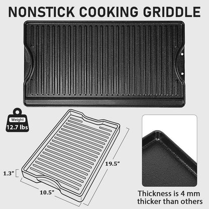 Utheer Nonstick Reversible Cast Iron Griddle 19.5"x 10.5", Ceramic Cooking Surface, Flat & Ribbed Sides, with High Sides & Grease Trap, Stovetop Griddle for Gas Grill, Charcoal, Oven & Outdoor BBQ