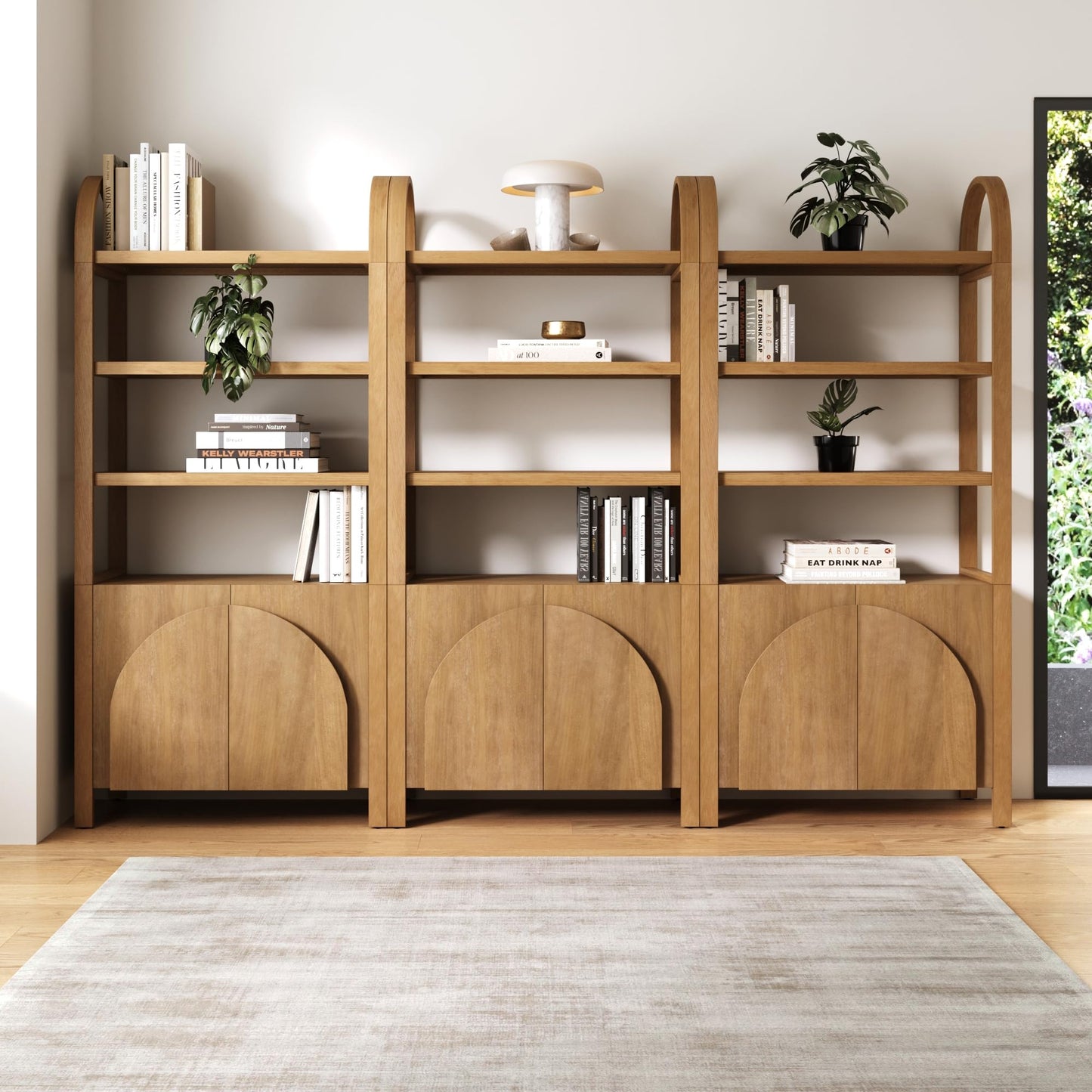 Nathan James Iris 3 Tier Bookshelf, Arched Bookcase Cabinet, Solid Wood Bookcase with Cabinet Base, Boho Bookshelf in Unbrushed Light Brown Finish, Set of 3