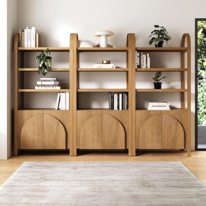 Nathan James Iris 3 Tier Bookshelf, Arched Bookcase Cabinet, Solid Wood Bookcase with Cabinet Base, Boho Bookshelf in Unbrushed Light Brown Finish, Set of 3