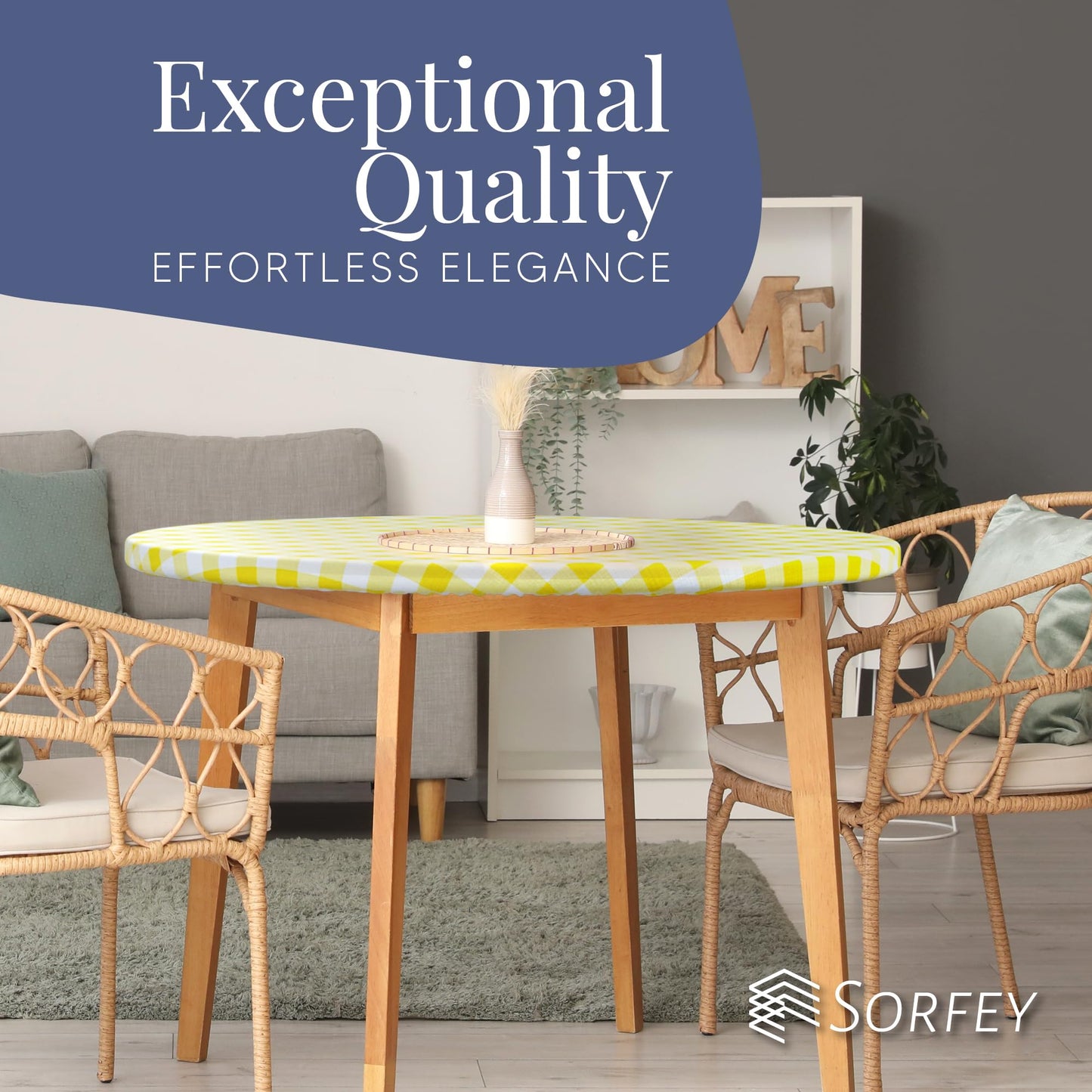 Sorfey Round Tablecloth of Polyester -Fitted with Elastic, Water Proof, Washable, Fits for Table 48 Inches Round, Checked Black Design, for Indoor/Outdoor Kitchen and Picnic and More...